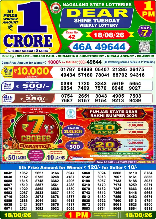 ডিয়ার শাইন মঙ্গলবার Lottery Result 18 আগস্ট 2026 – দুপুর ১টা লটারি সংবাদ দুপুর ১টার ফলাফল 18 আগস্ট 2026