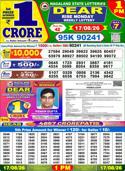 DEAR RISE MONDAY Lottery Result 17 August 2026 – 1 PM DEAR RISE MONDAY লটারি সংবাদ 1 PM ফলাফল 17 August 2026