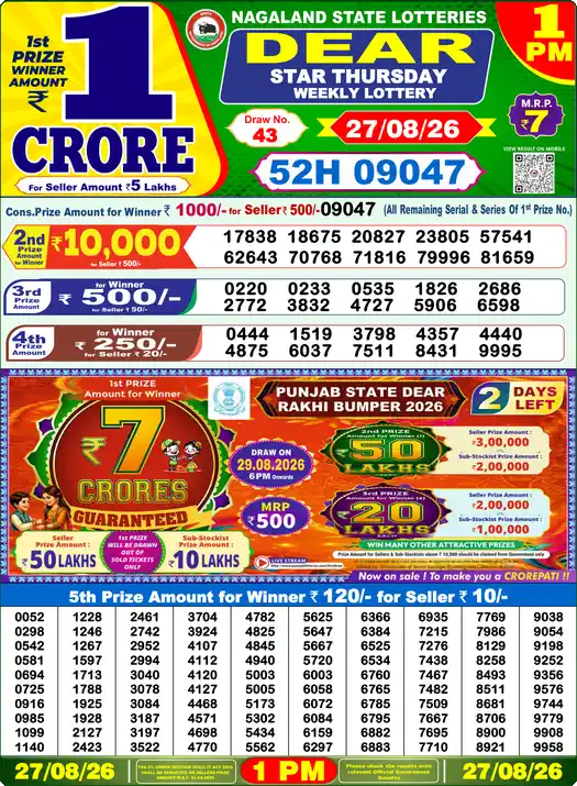 ডিয়ার স্টার বৃহস্পতিবার Lottery Result 27 আগস্ট 2026 – দুপুর ১টা লটারি সংবাদ দুপুর ১টার ফলাফল 27 আগস্ট 2026
