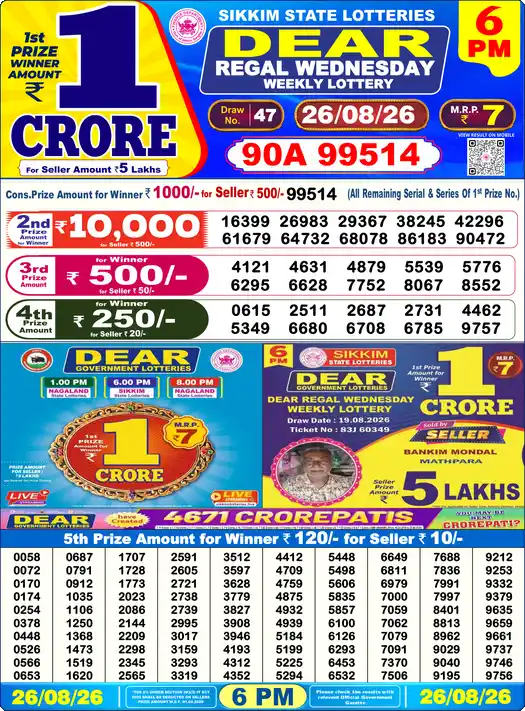 ডিয়ার রিগাল বুধবার Lottery Result 26 আগস্ট 2026 – সন্ধ্যা ৬টা লটারি সংবাদ সন্ধ্যা ৬টার ফলাফল 26 আগস্ট 2026